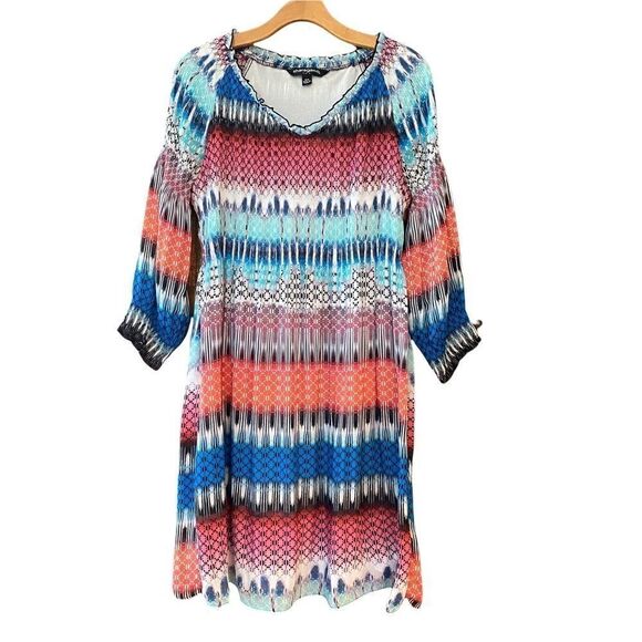 Sharagano M Blue Orange Smocked Stretch Wide Stripe Long Sleeve Dress - Picture 1 of 11